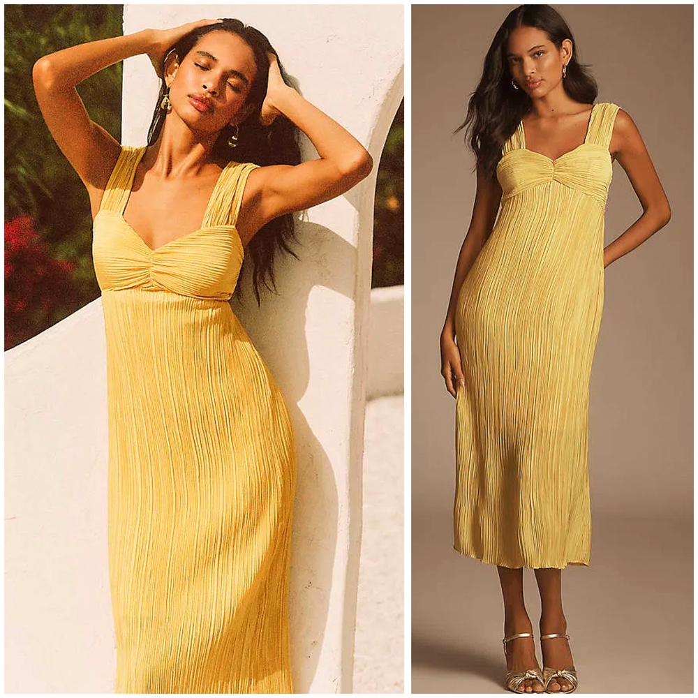 By Anthropologie Pleated Satin Midi Dress In Yellow/Gold